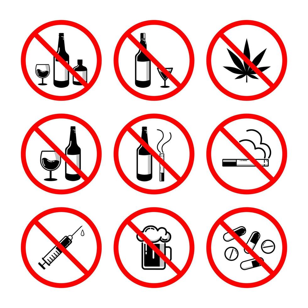 assine drogas proibidas e alcoóis no círculo riscado vermelho, sem drogas, sem álcool, sem fumaça vetor