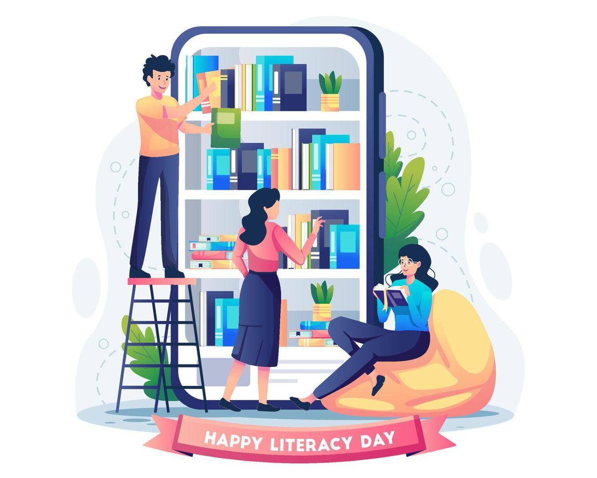 as pessoas leem livros em bibliotecas digitais em telas gigantes de smartphones com vários livros. feliz dia da alfabetização no dia 8 de setembro. ilustração vetorial em estilo simples vetor