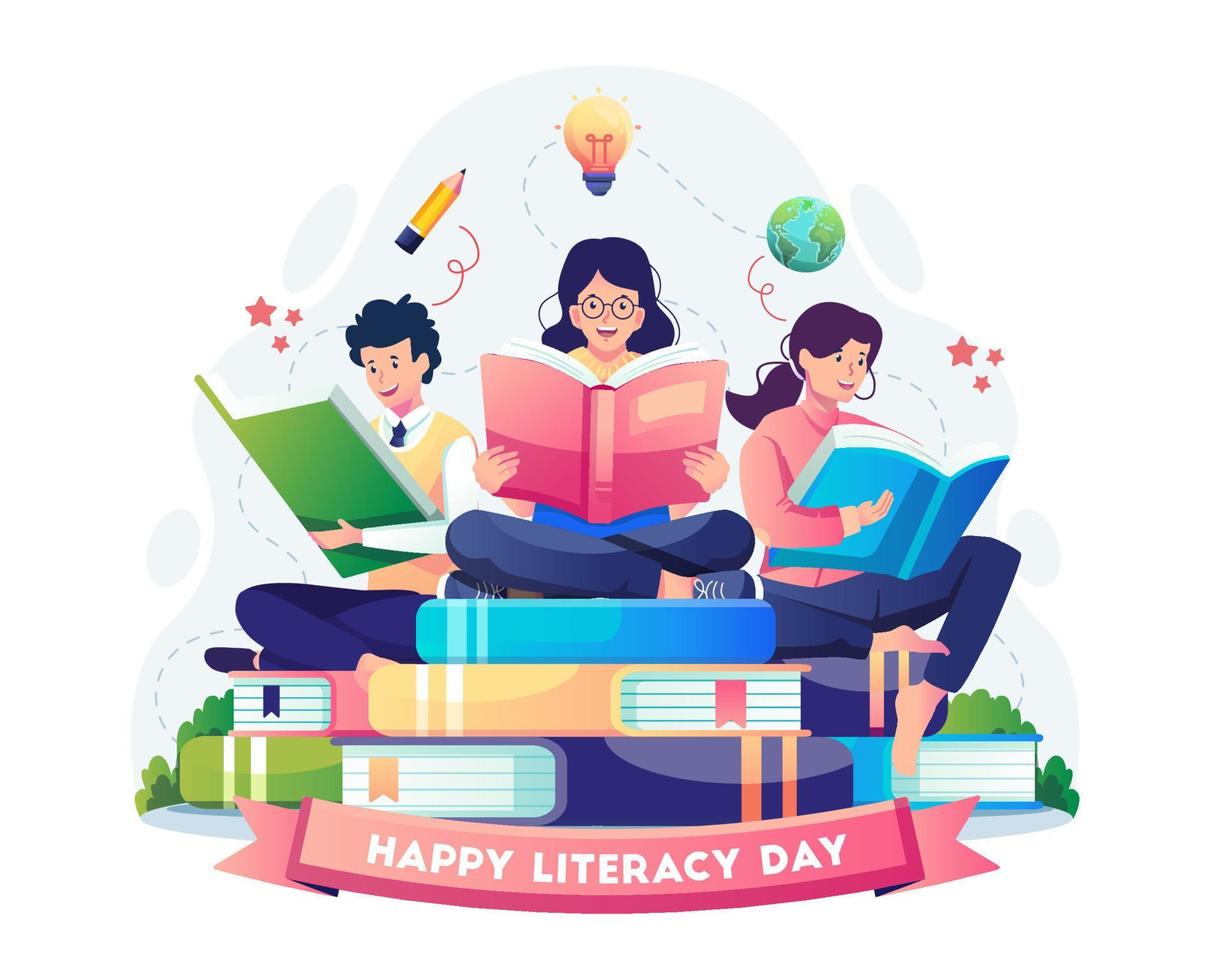 as pessoas estão lendo livros para comemorar o dia internacional da alfabetização em 8 de setembro. ilustração vetorial em estilo simples vetor