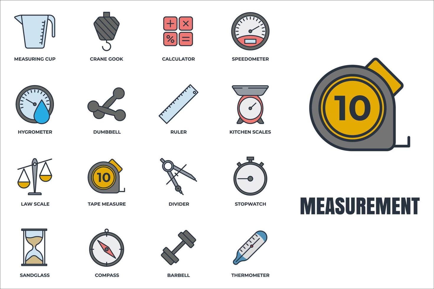 conjunto de ilustração em vetor logotipo ícone de medição. medida, símbolo do pacote de medição. vidro de areia, velocímetro, barra, calculadora e mais modelo para coleção de design gráfico e web