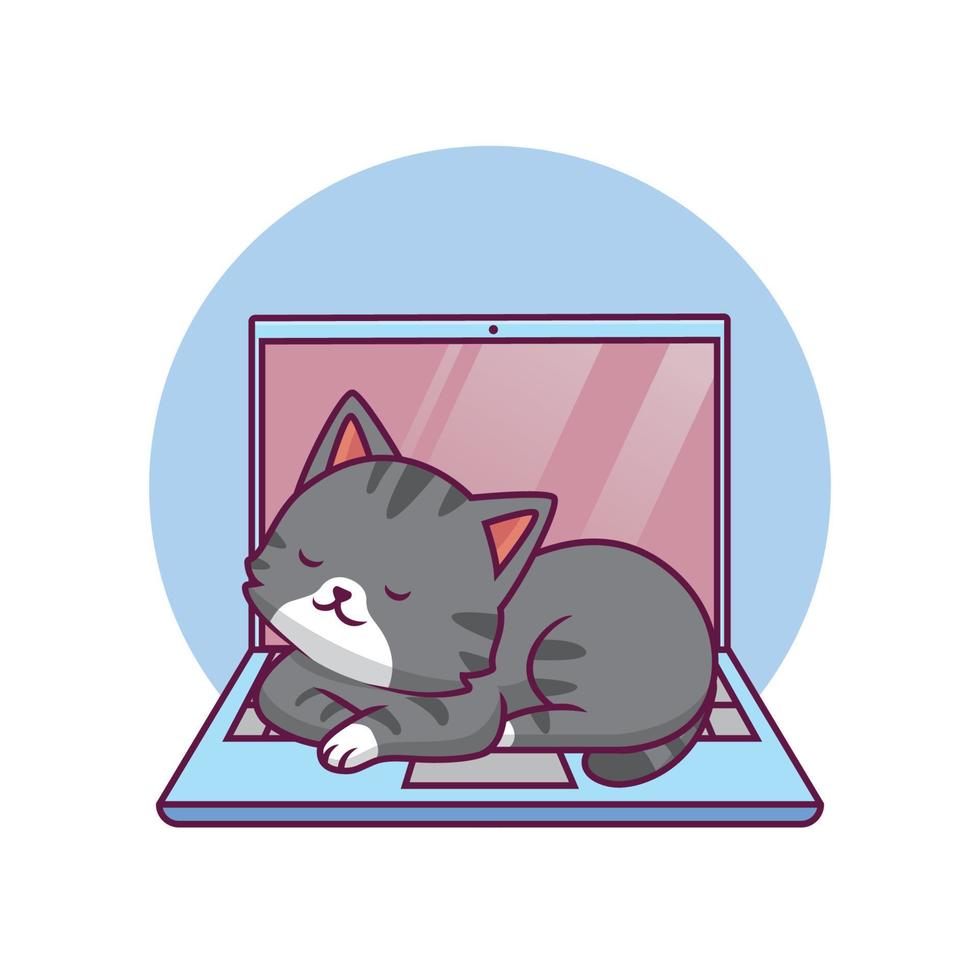 gato fofo dormindo na ilustração dos desenhos animados do laptop vetor