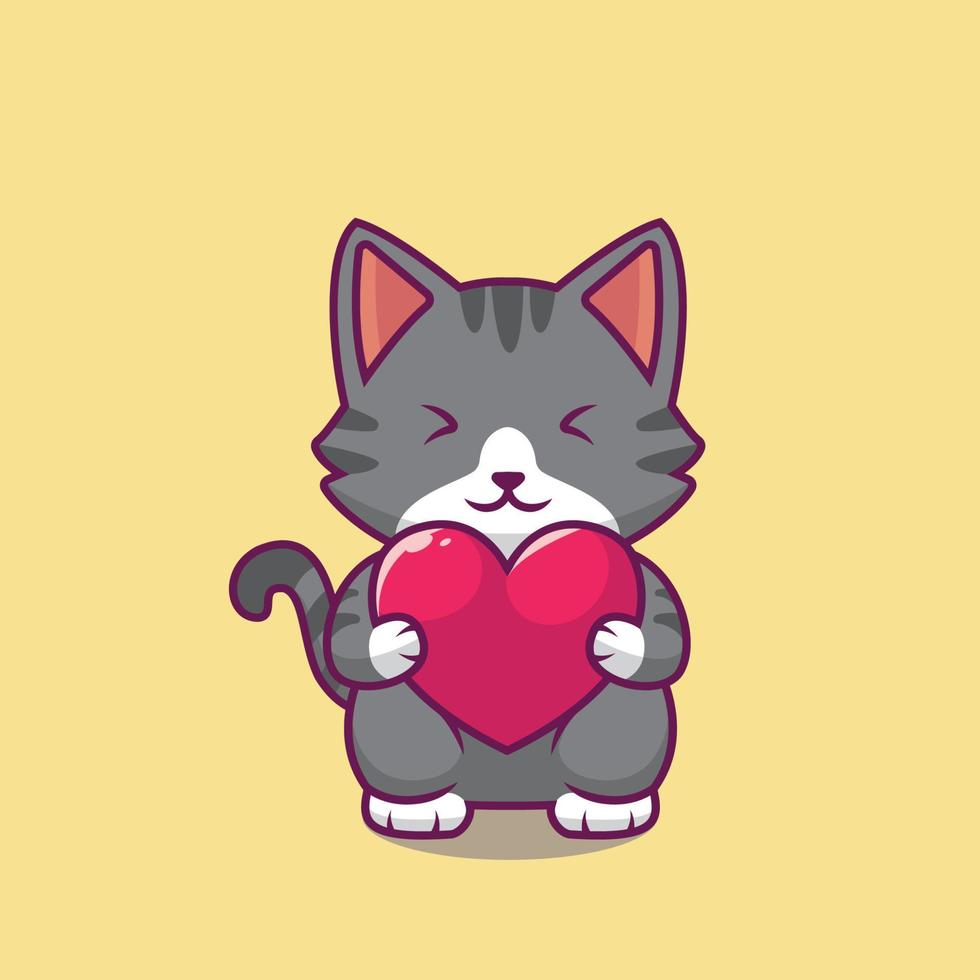 gato fofo segurando ilustração de desenho animado de amor vetor