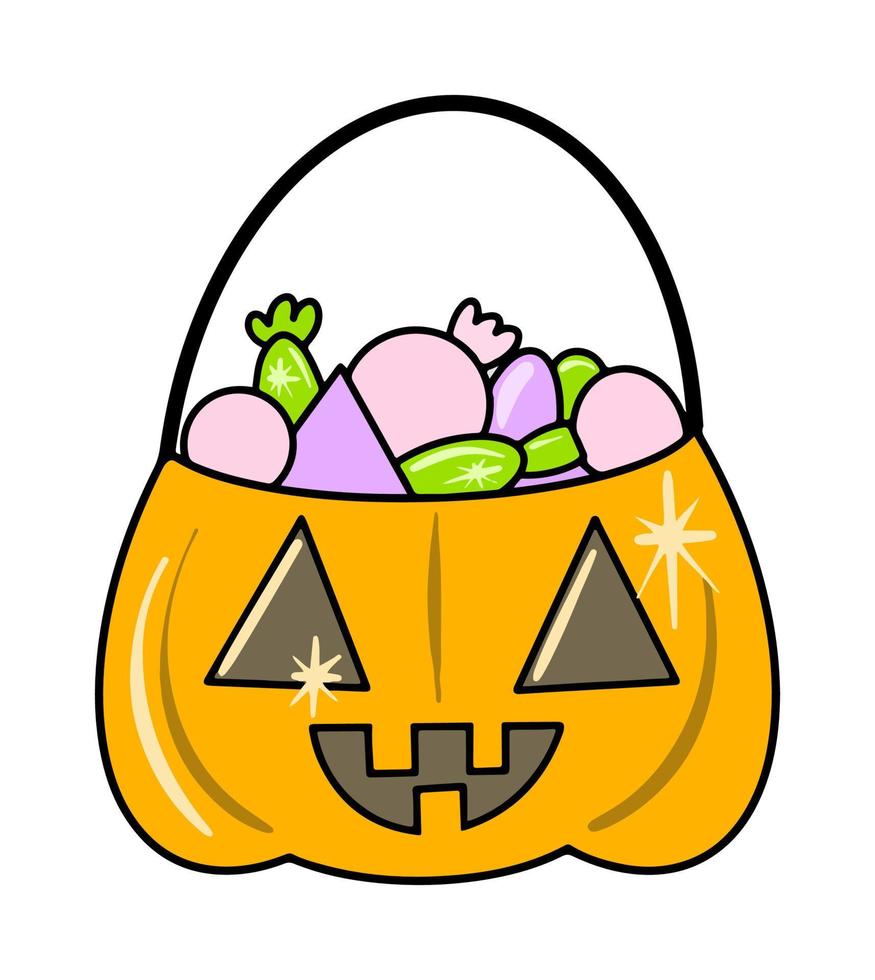 ícone vetorial de uma abóbora fofa com um sorriso e doces dentro para o halloween isolado em um fundo branco. vetor