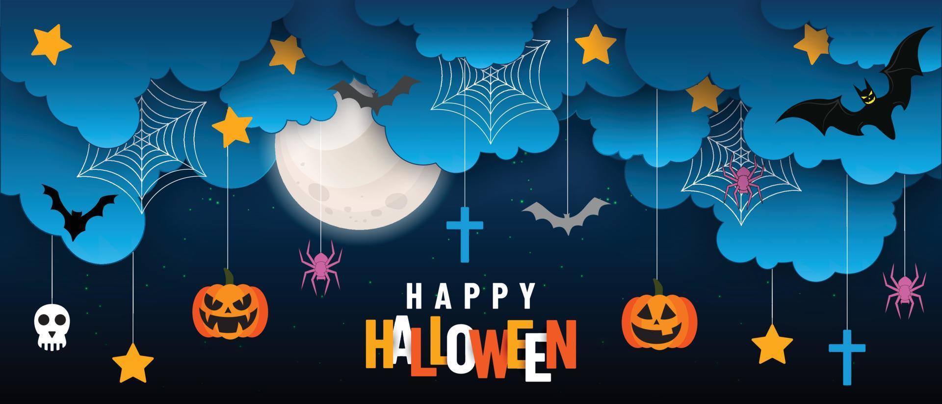 linha do tempo da página de capa do facebook de venda de halloween, modelo de banner de anúncio na web com abóboras, morcegos e nuvem no design de conceito de layout moderno de fundo laranja vetor