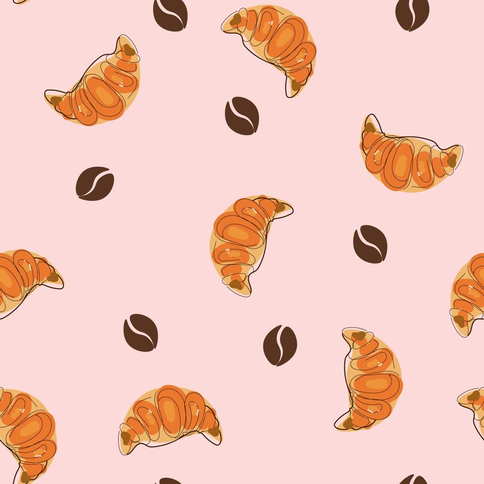 croissant de café da manhã e café sem costura doodle padrão vetorial esboço desenhado à mão vetor