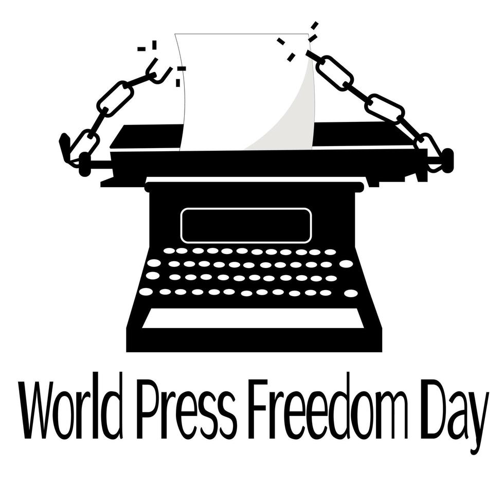 dia mundial da liberdade de imprensa, conceito para banner ou cartão postal, silhueta de uma máquina de escrever e correntes quebradas vetor