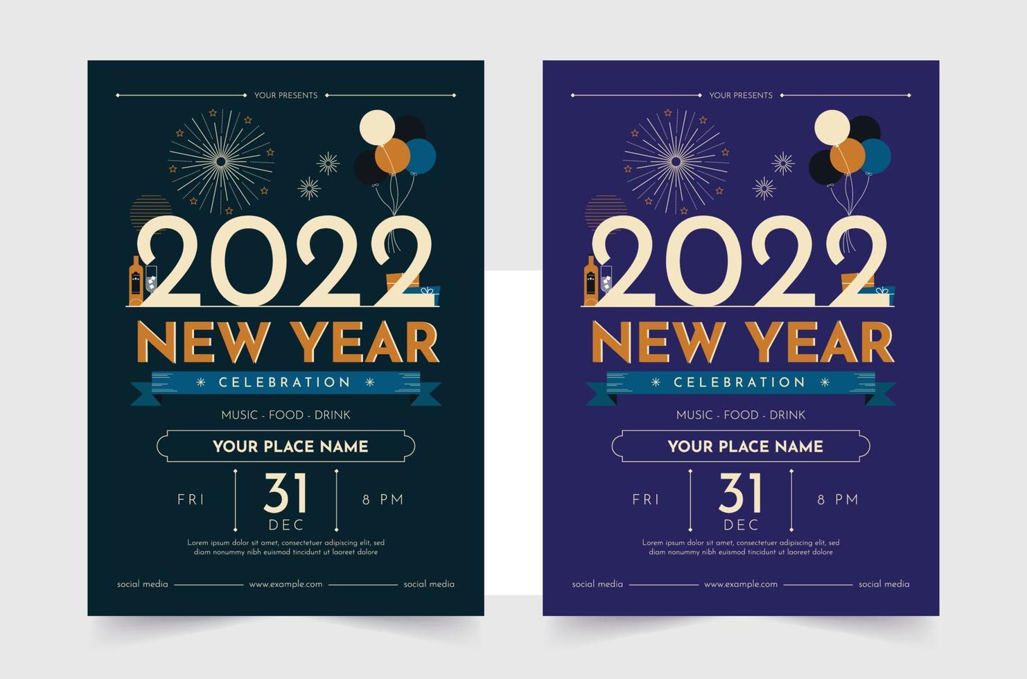 feliz ano novo 2022 post de mídia social. conjunto de folhetos, cartazes, banners, modelos de design de brochura para feliz ano novo 2022. ilustração vetorial. férias de inverno perfeitas para convite, cartão. vetor