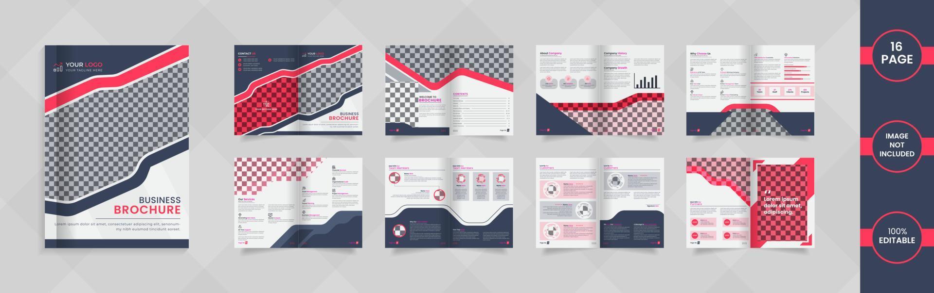 Design de brochura da empresa de 16 páginas com informações e formas abstratas de cor vermelha e cinza. vetor