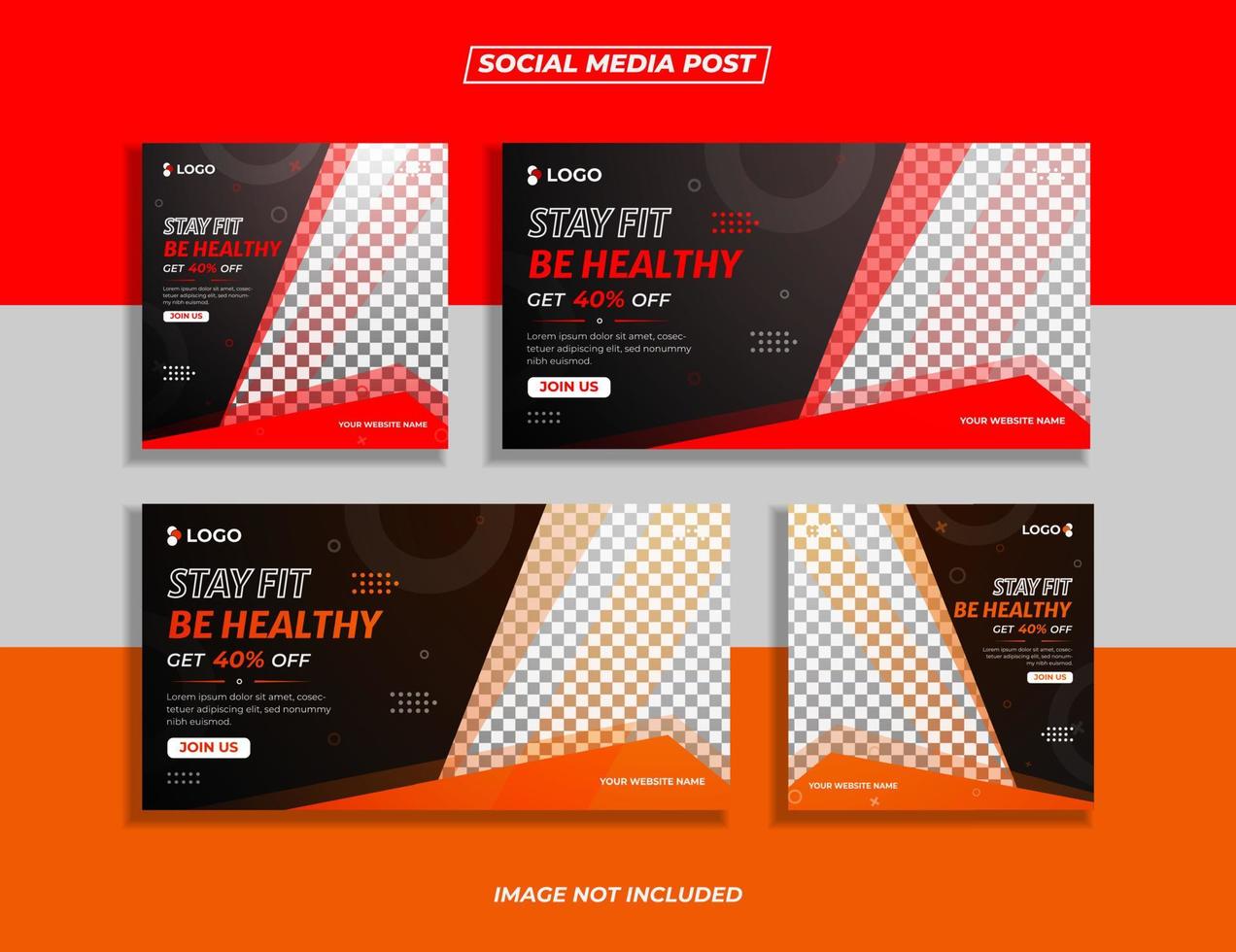 pacote de banner de postagem de mídia social de academia e fitness com formas abstratas de cor vermelha e laranja vetor