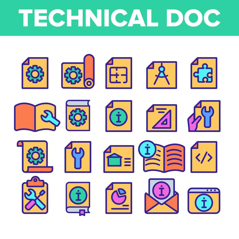 vetor de conjunto de ícones de linha fina de documentação técnica de cor