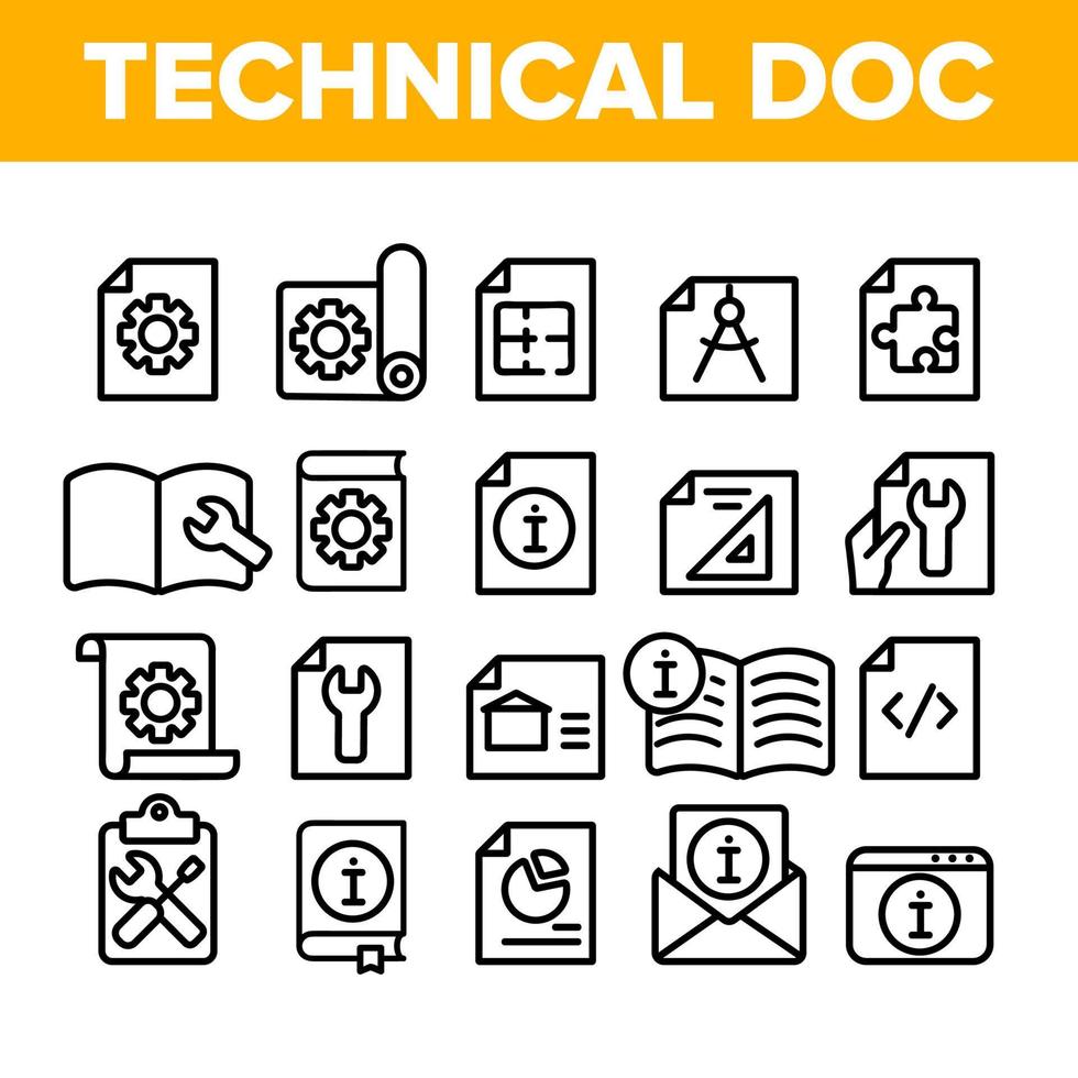 vetor de conjunto de ícones de linha fina de documentação técnica