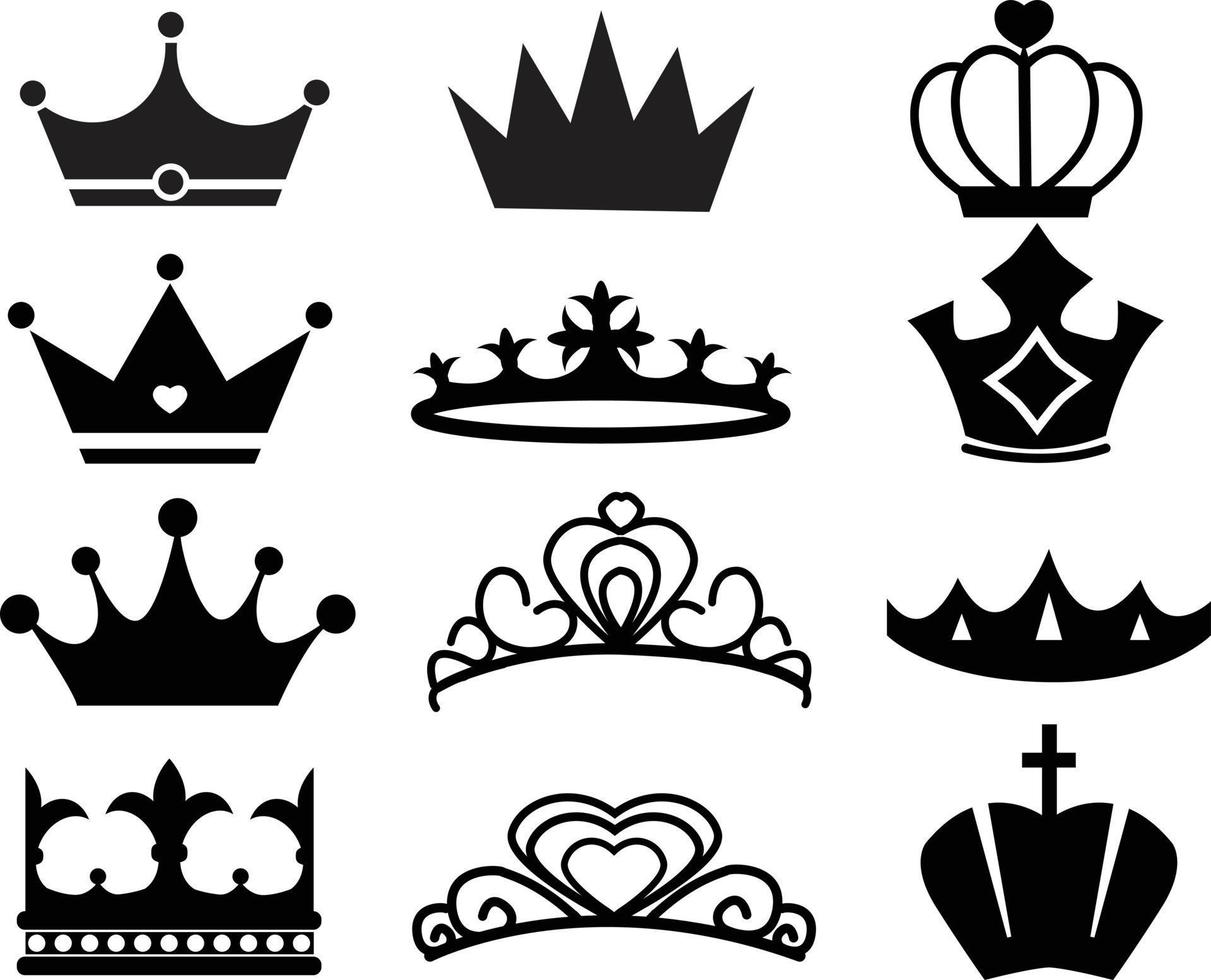 ícone de coroa em fundo branco. emblema e símbolos reais. conjunto de silhuetas de coroas. logotipo da coroa. vetor