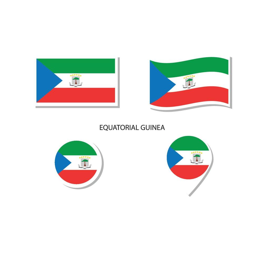 conjunto de ícones do logotipo da bandeira da Guiné equatorial, ícones planos retângulo, forma circular, marcador com bandeiras. vetor