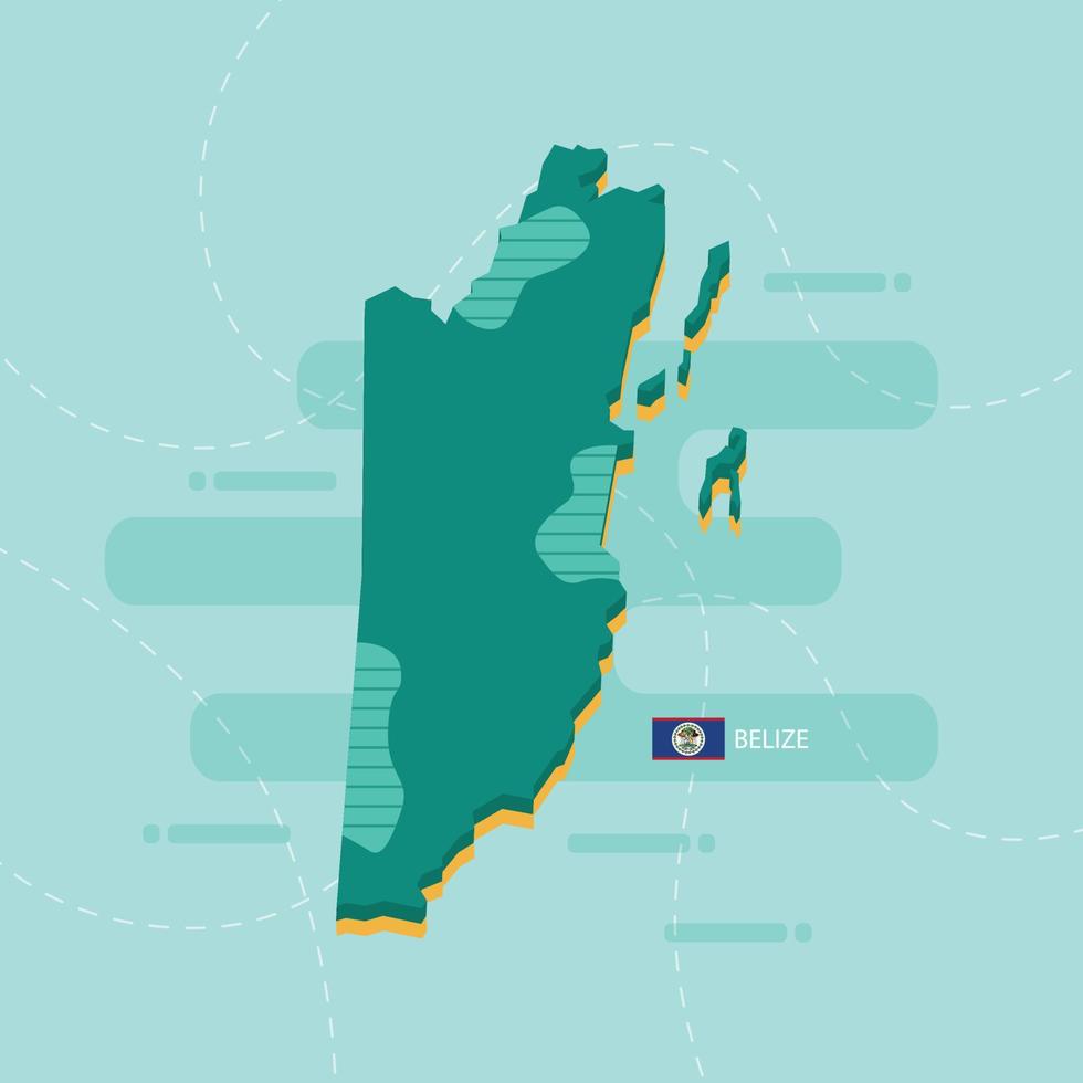 Mapa vetorial 3d de belize com nome e bandeira do país sobre fundo verde claro e traço. vetor