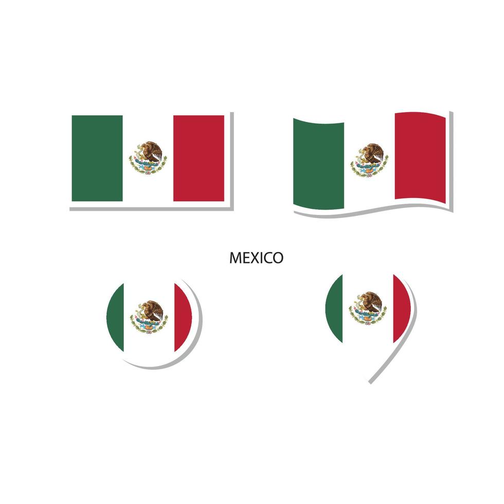 conjunto de ícones do logotipo da bandeira do méxico, ícones planos retângulo, forma circular, marcador com bandeiras. vetor