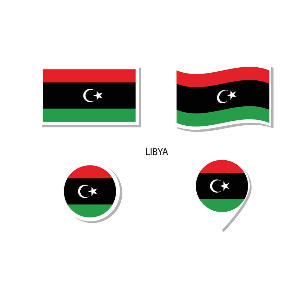 conjunto de ícones do logotipo da bandeira da líbia, ícones planos retângulo, forma circular, marcador com bandeiras. vetor