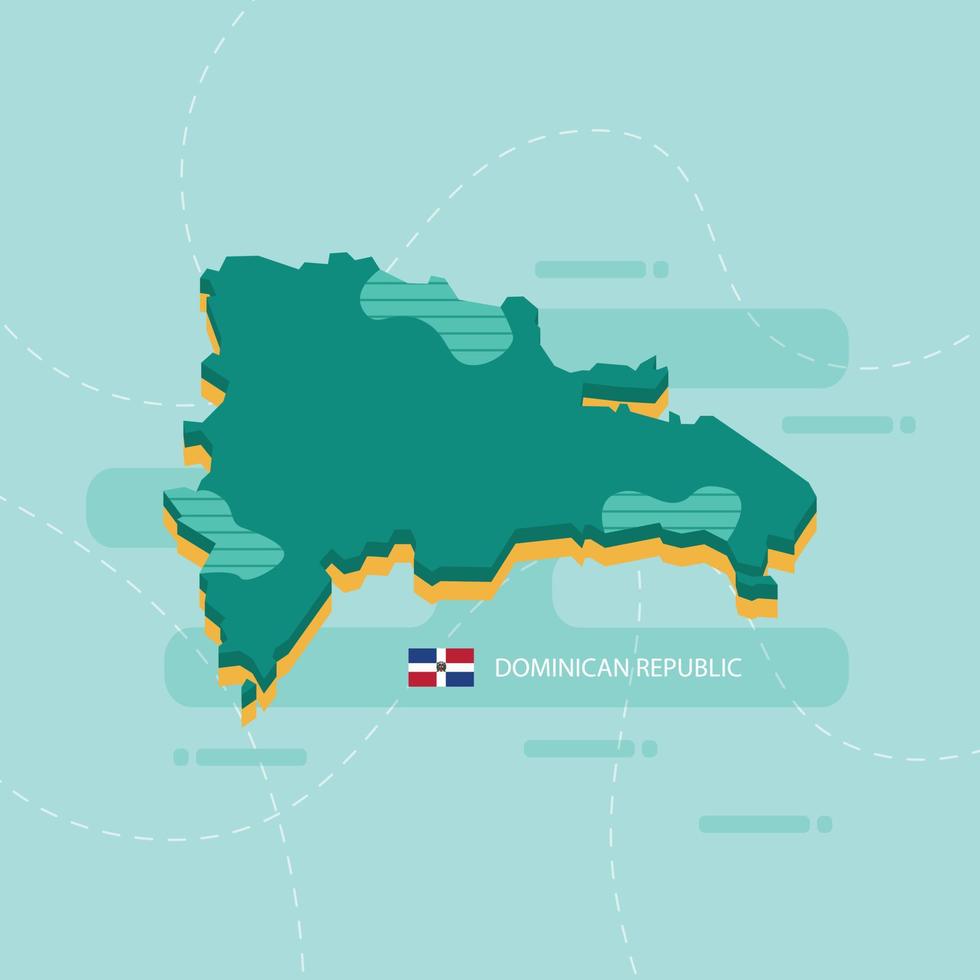 Mapa vetorial 3D da República Dominicana com nome e bandeira do país sobre fundo verde claro e traço. vetor