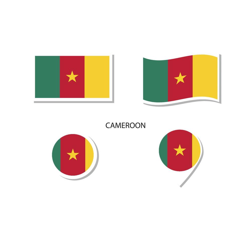 conjunto de ícones do logotipo da bandeira de camarões, ícones planos retângulo, forma circular, marcador com bandeiras. vetor