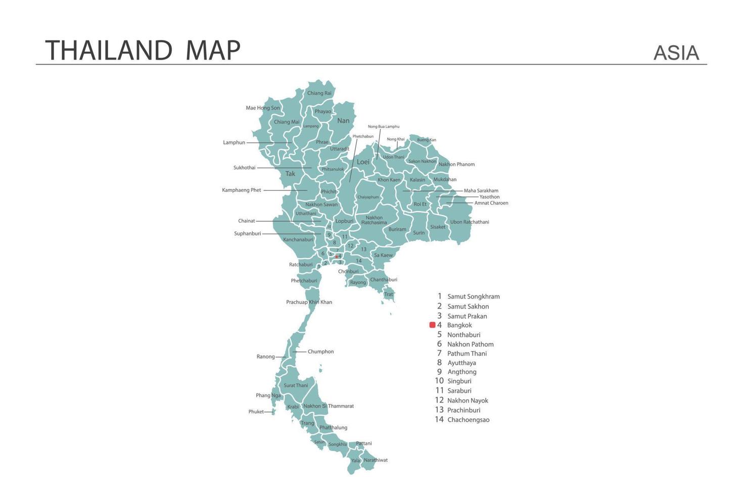 Tailândia mapa ilustração vetorial sobre fundo branco. mapa tem todas as províncias e marca a capital da tailândia. vetor