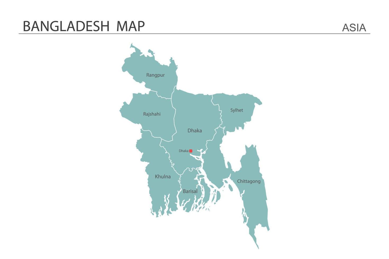 ilustração em vetor mapa bangladesh sobre fundo branco. mapa tem todas as províncias e marca a capital de bangladesh.