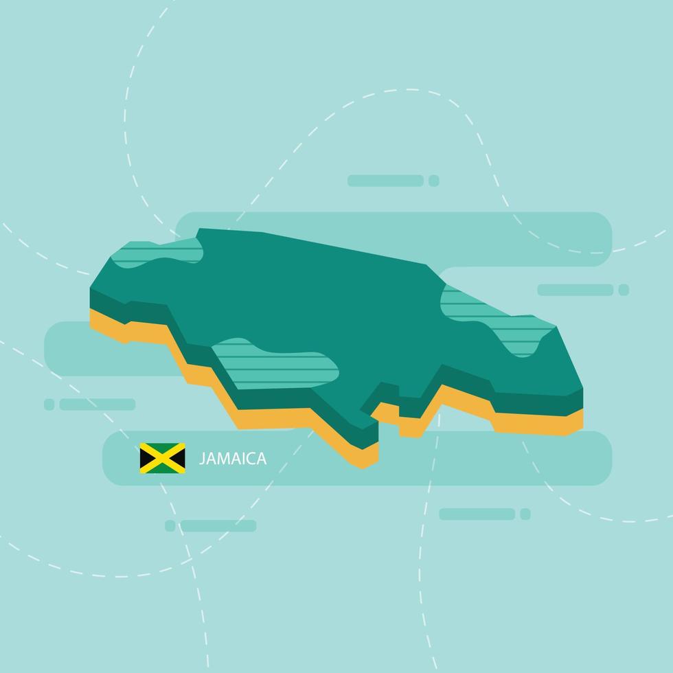 Mapa vetorial 3d da jamaica com nome e bandeira do país sobre fundo verde claro e traço. vetor
