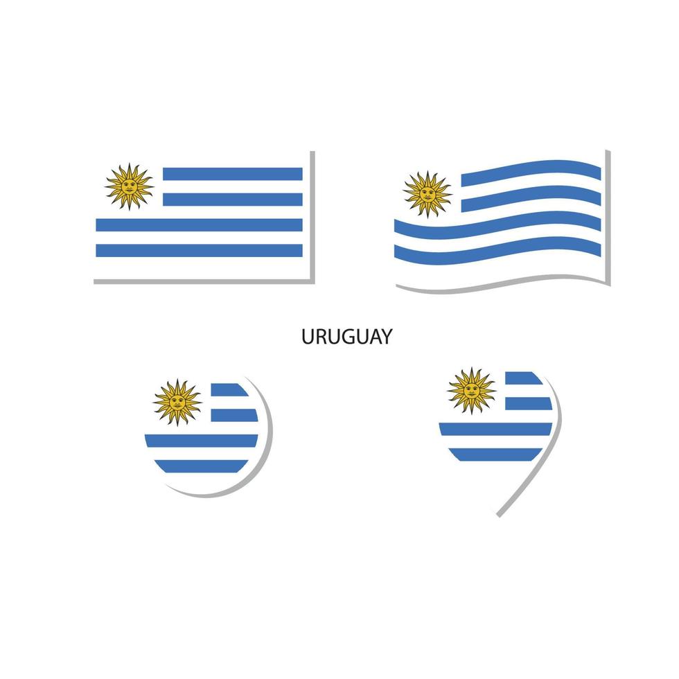 conjunto de ícones do logotipo da bandeira do uruguai, ícones planos retângulo, forma circular, marcador com bandeiras. vetor