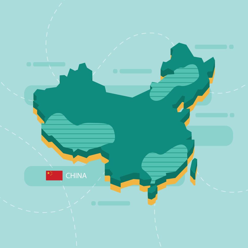 Mapa vetorial 3D da China com nome e bandeira do país sobre fundo verde claro e traço. vetor