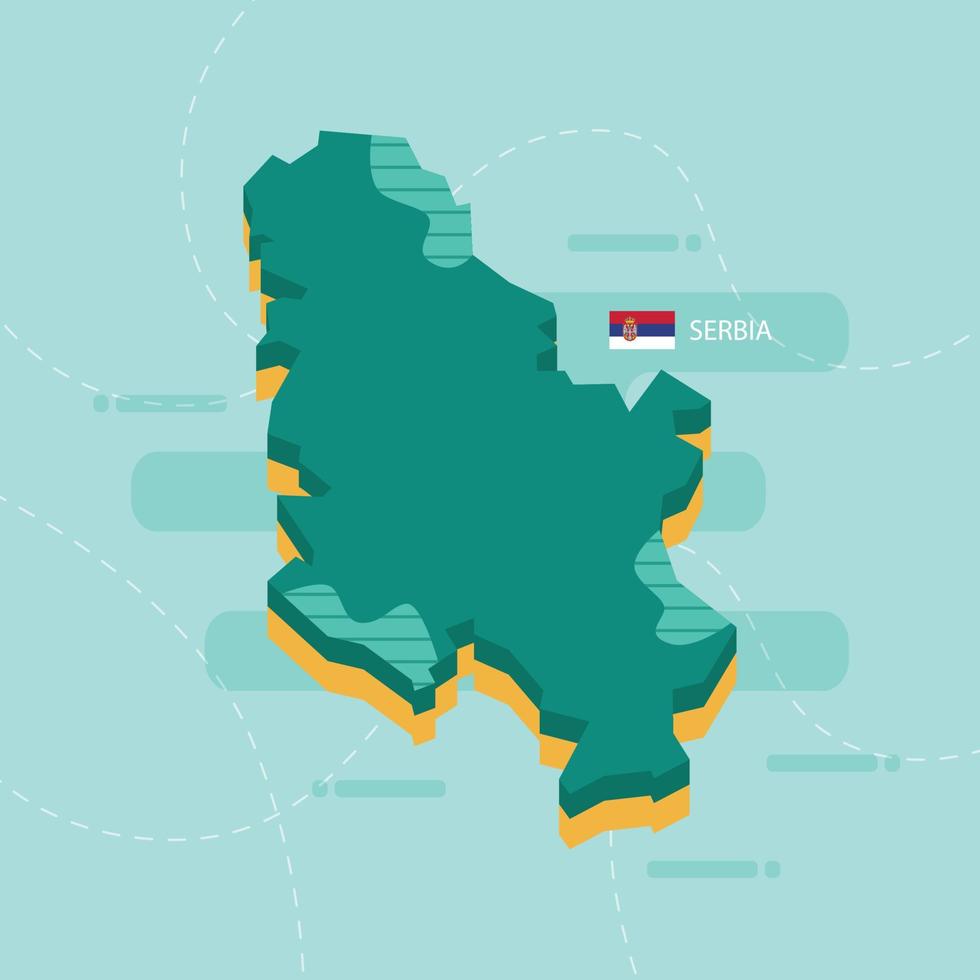 Mapa vetorial 3D da Sérvia com nome e bandeira do país sobre fundo verde claro e traço. vetor