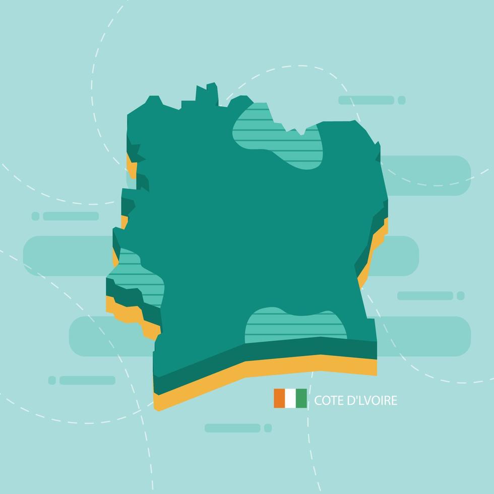 Mapa vetorial 3D da Costa do Marfim com nome e bandeira do país sobre fundo verde claro e traço. vetor