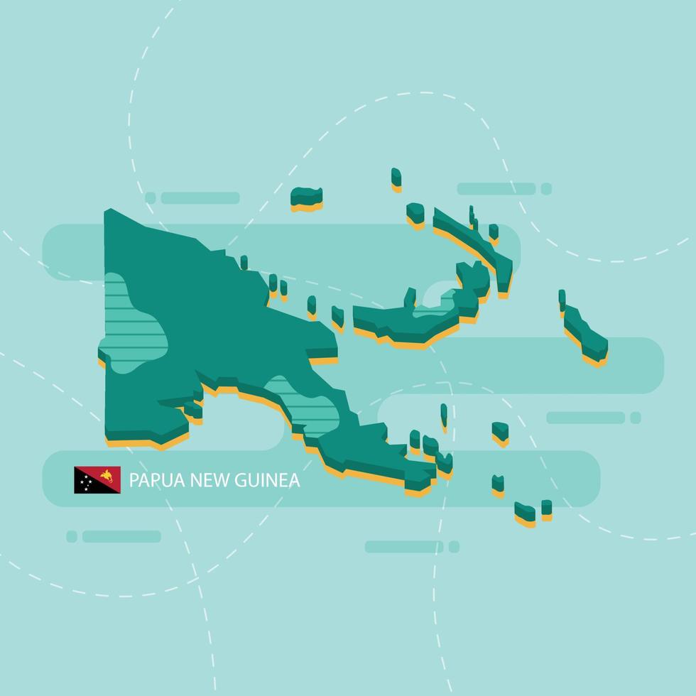 Mapa vetorial 3D de Papua-Nova Guiné com nome e bandeira do país sobre fundo verde claro e traço. vetor