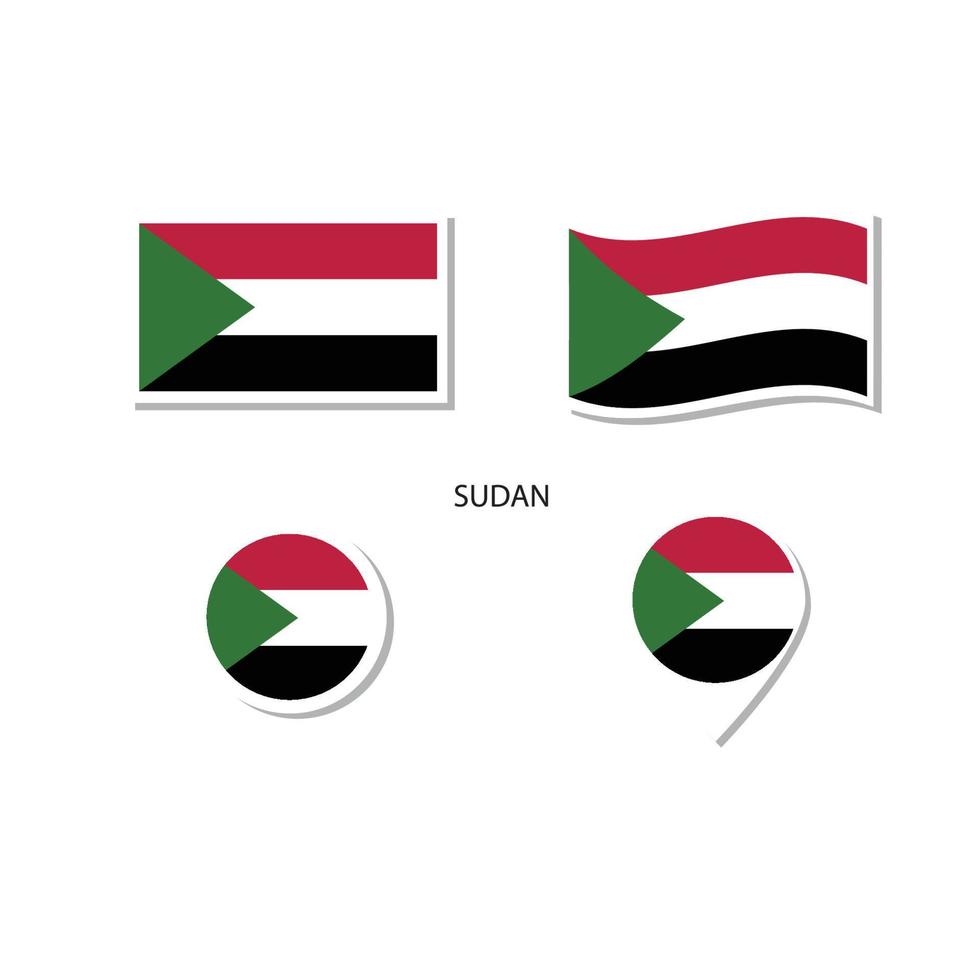 conjunto de ícones do logotipo da bandeira do sudão, ícones planos retângulo, forma circular, marcador com bandeiras. vetor