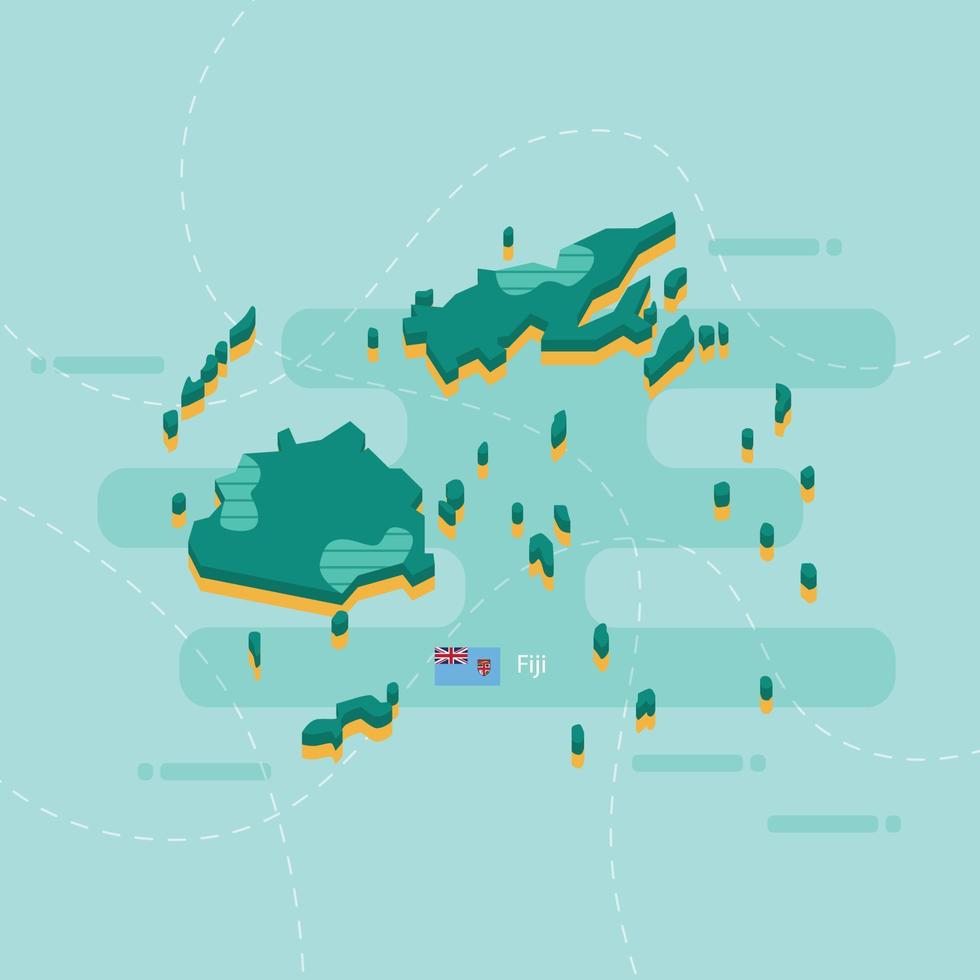 Mapa vetorial 3D de Fiji com nome e bandeira do país sobre fundo verde claro e traço. vetor