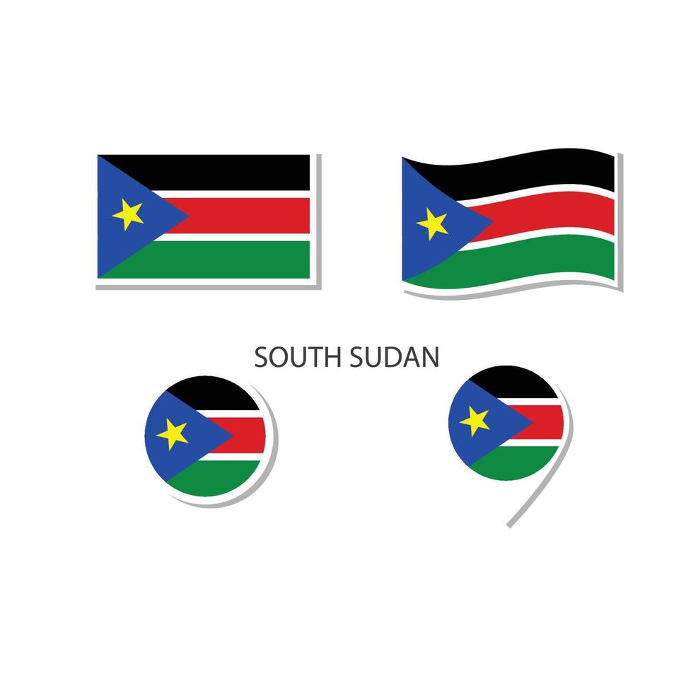 conjunto de ícones do logotipo da bandeira do Sudão do Sul, ícones planos retângulo, forma circular, marcador com bandeiras. vetor