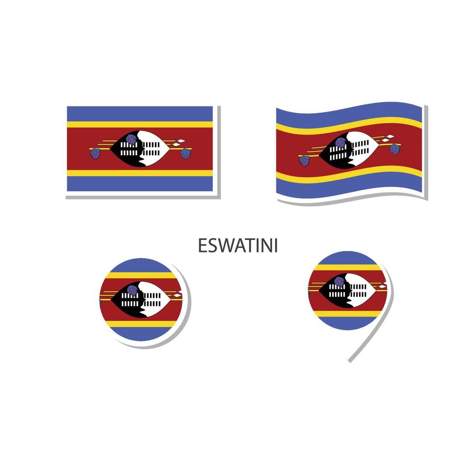 conjunto de ícones do logotipo da bandeira eswatini, ícones planos retângulo, forma circular, marcador com bandeiras. vetor