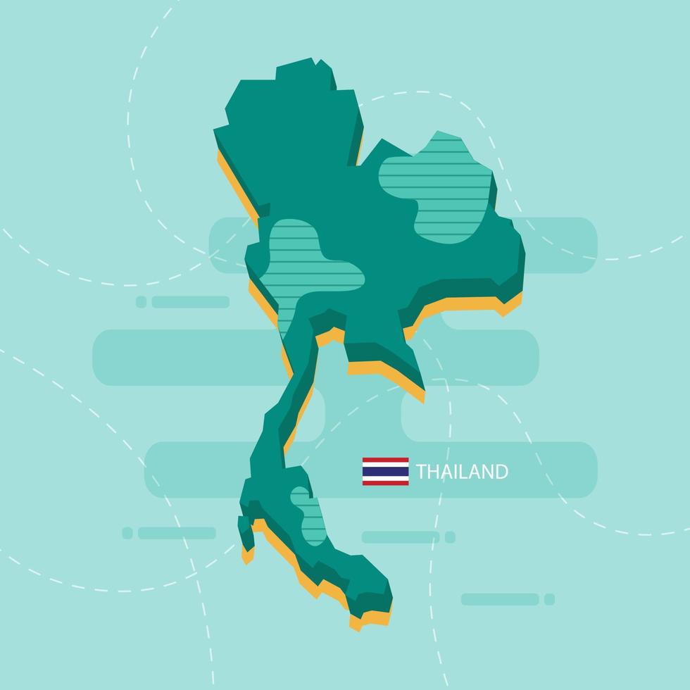 Mapa vetorial 3D da Tailândia com nome e bandeira do país sobre fundo verde claro e traço. vetor