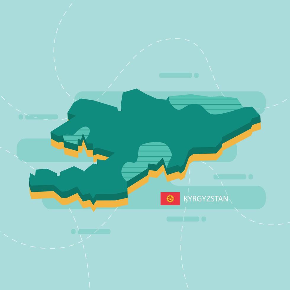 Mapa vetorial 3D do Quirguistão com nome e bandeira do país sobre fundo verde claro e traço. vetor