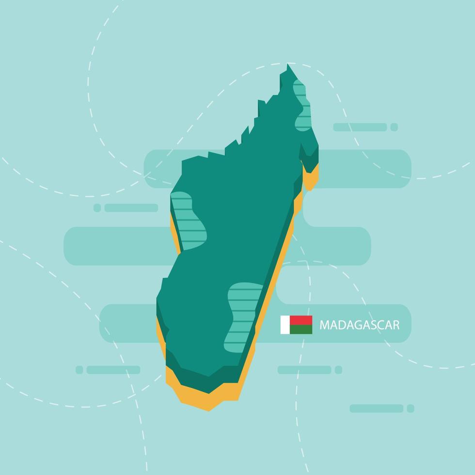 Mapa vetorial 3D de madagascar com nome e bandeira do país sobre fundo verde claro e traço. vetor