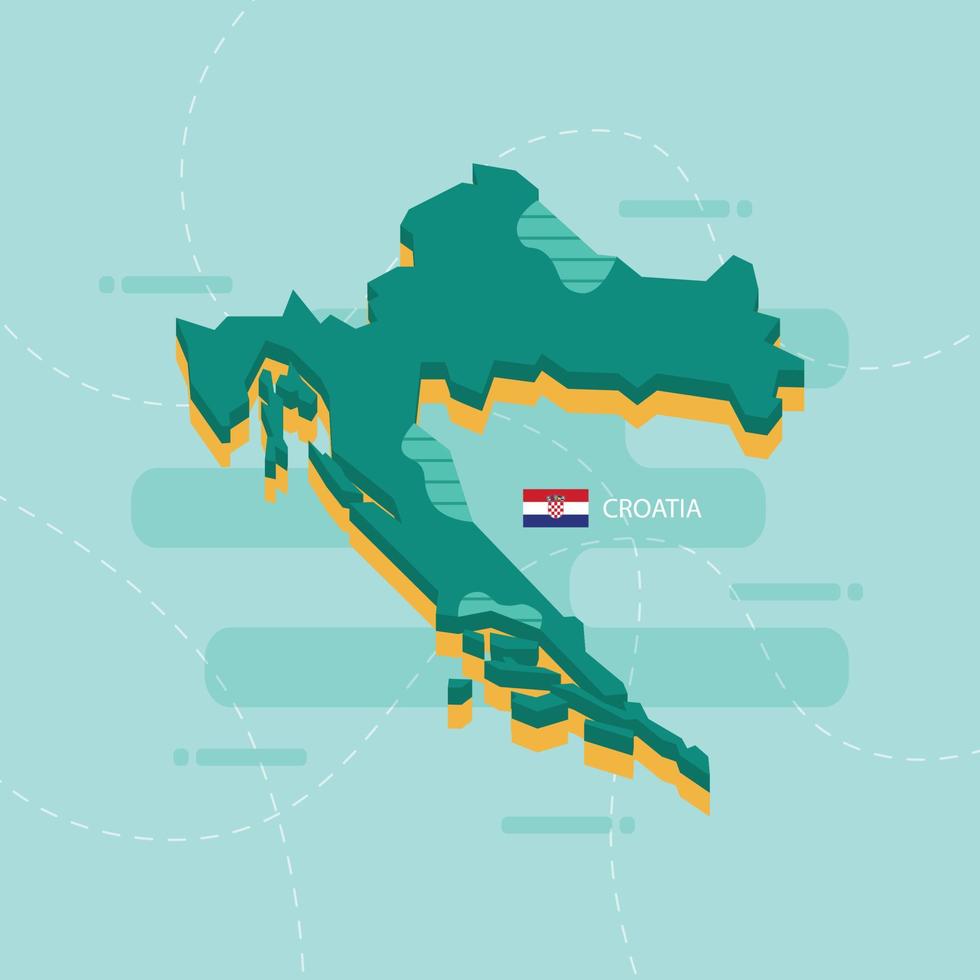Mapa vetorial 3D da Croácia com nome e bandeira do país sobre fundo verde claro e traço. vetor