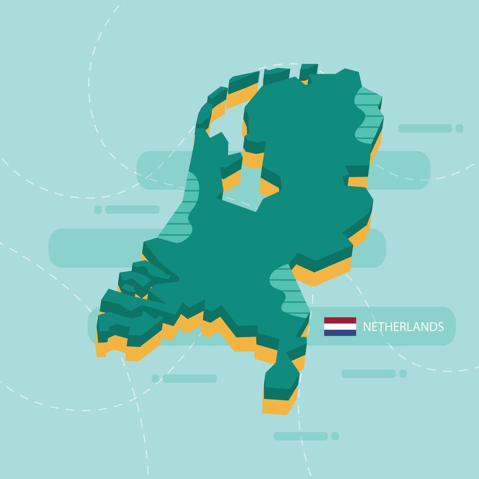 Mapa vetorial 3D da Holanda com nome e bandeira do país sobre fundo verde claro e traço. vetor
