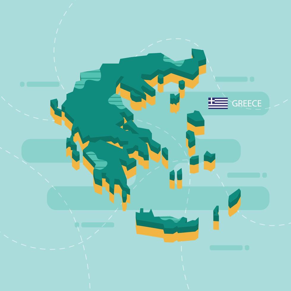 Mapa vetorial 3D da Grécia com nome e bandeira do país sobre fundo verde claro e traço. vetor