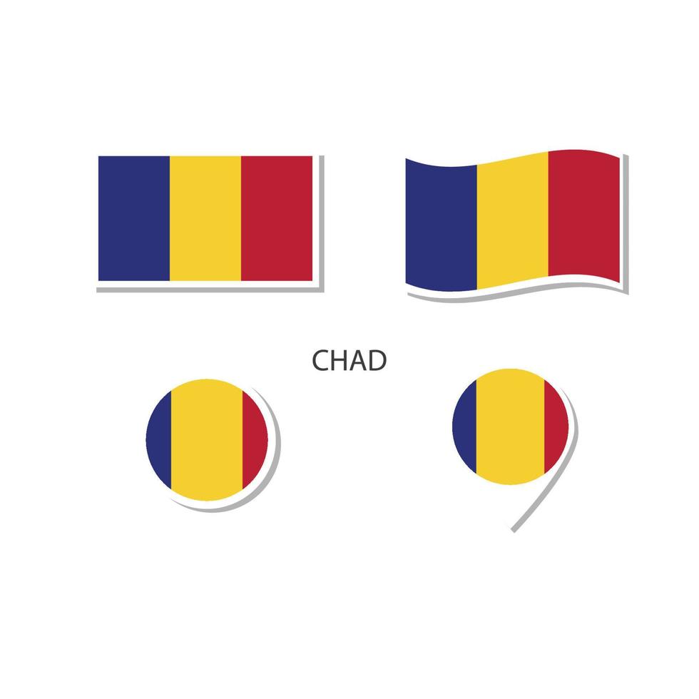 conjunto de ícones do logotipo da bandeira do chad, ícones planos retângulo, forma circular, marcador com bandeiras. vetor