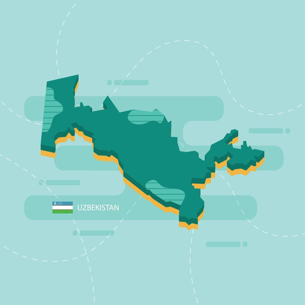 Mapa vetorial 3D do Uzbequistão com nome e bandeira do país sobre fundo verde claro e traço. vetor