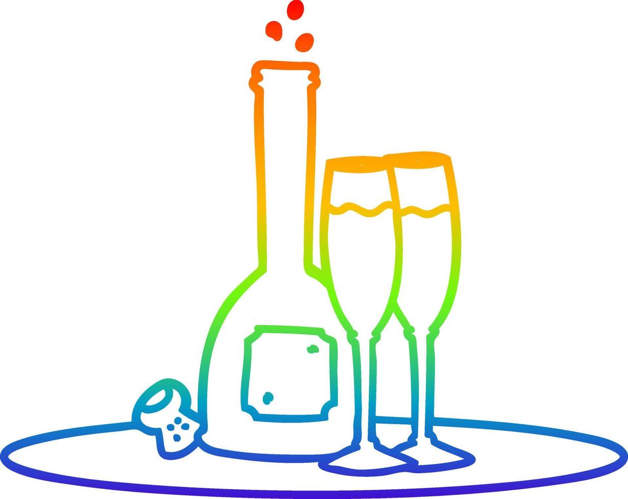 desenho de linha de gradiente de arco-íris champanhe de desenho animado na bandeja vetor