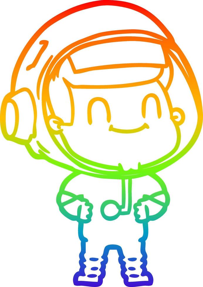 desenho de linha de gradiente de arco-íris homem de astronauta feliz dos desenhos animados vetor