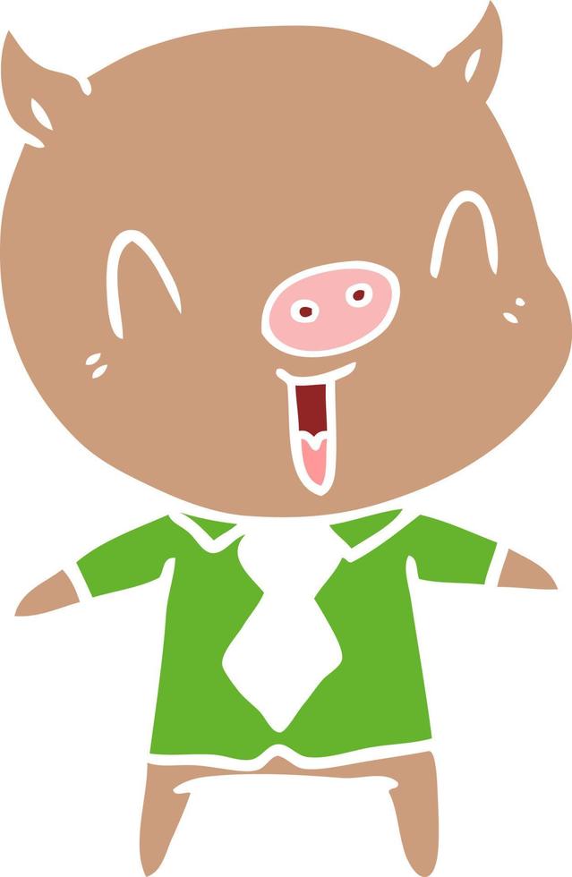 porco de desenho animado de estilo de cor plana feliz vestindo camisa e gravata vetor