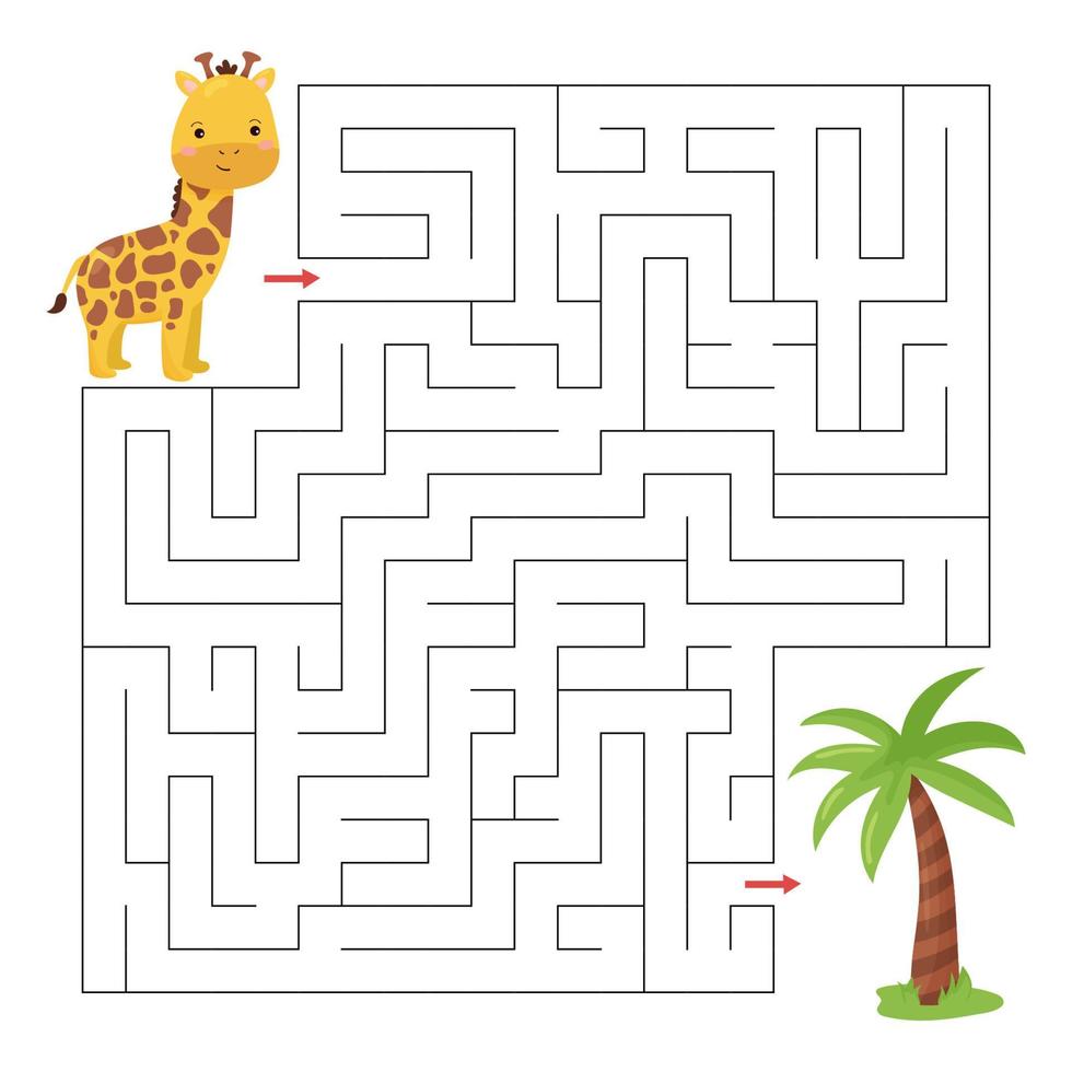 jogo de labirinto para crianças. girafa e palma do bebê bonito dos desenhos animados. planilha educacional para pré-escolares. animais africanos. vetor