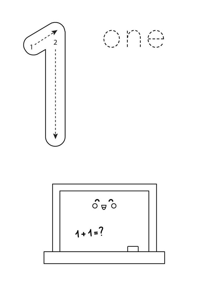 flashcard número 1. planilha pré-escolar. quadro-negro preto e branco. vetor