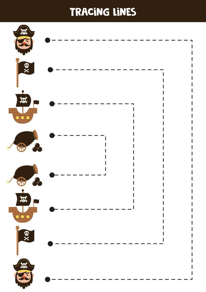 linhas de rastreamento para crianças. elementos piratas fofos. prática da escrita. vetor