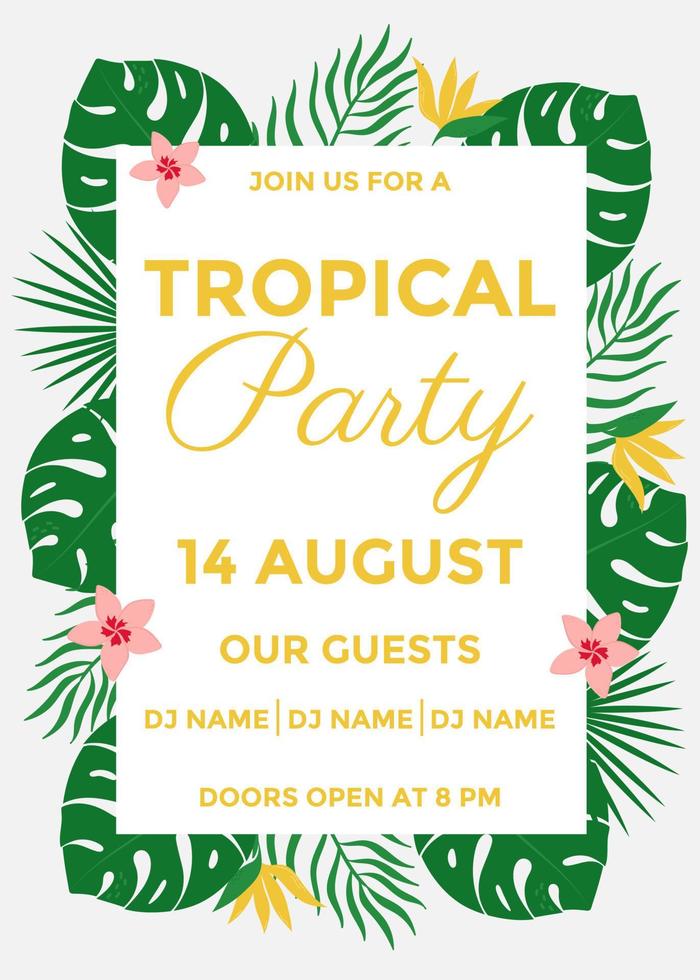 modelo de design de cartaz de festa tropical com folhas tropicais. ilustração vetorial de férias para banner, panfleto, convite e pôster. vetor