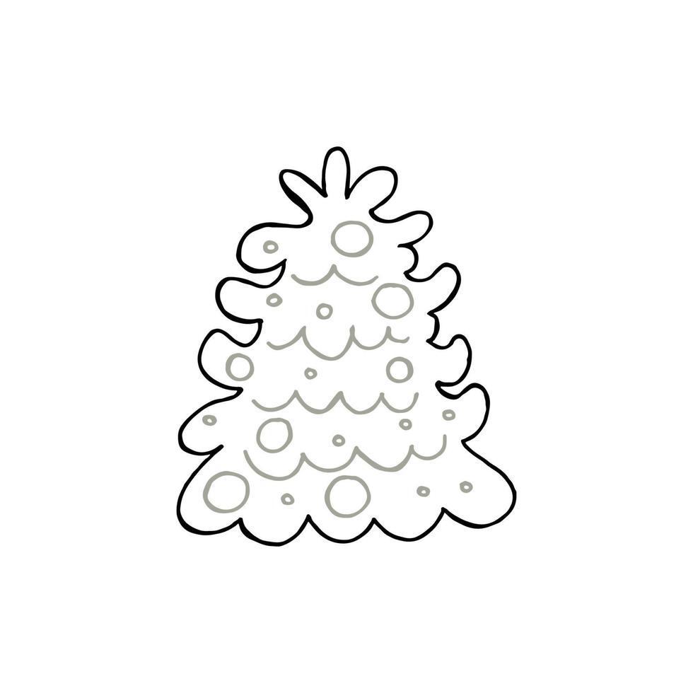 uma árvore de natal desenhada à mão. ilustração vetorial em estilo doodle. clima de inverno. olá 2023. feliz natal e feliz ano novo. elemento preto e cinza em um fundo branco. vetor